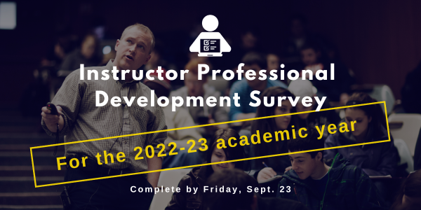 Background is an opaque photo of an instructor engaging students in a lecture theatre. Text overlay reads: Instructor Professional Development Survey for the 2022-23 academic year. Complete by Friday, September 23.